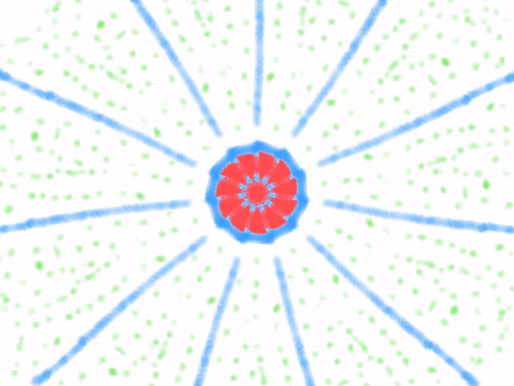 Mandala in Rot mit grünen Punkten und blauen Streifen