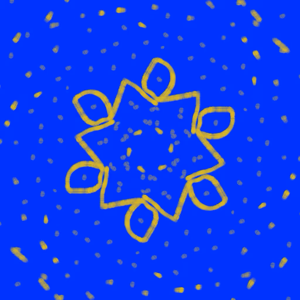 Gelbes Mandala auf leuchtendem Blau: acht Bögen um eine gemeinsame Mitte – Symbolbild für eine Aufstellung