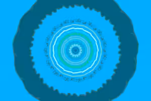 Blaues Mandala mit konzentrischen Ringen und gezacktem Rand auf türkisfarbenem Hintergrund