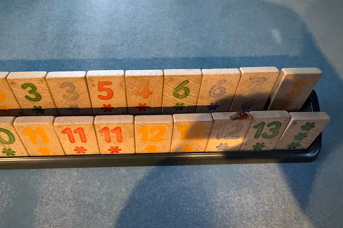 Marienkäfer auf Rummikub-Spielsteinen in der Ablage